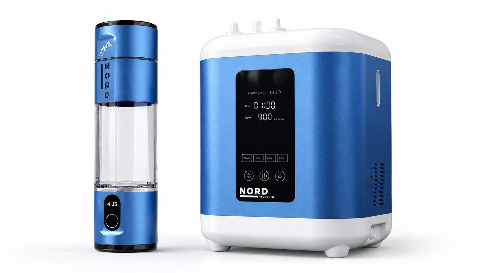 Nord Hydrogen Bottle (tragbare Wasserstoff-Trinkflasche) und Nord Inhale 2.0 Wasserstoff-Inhalationsgerät nebeneinander auf weißem Hintergrund